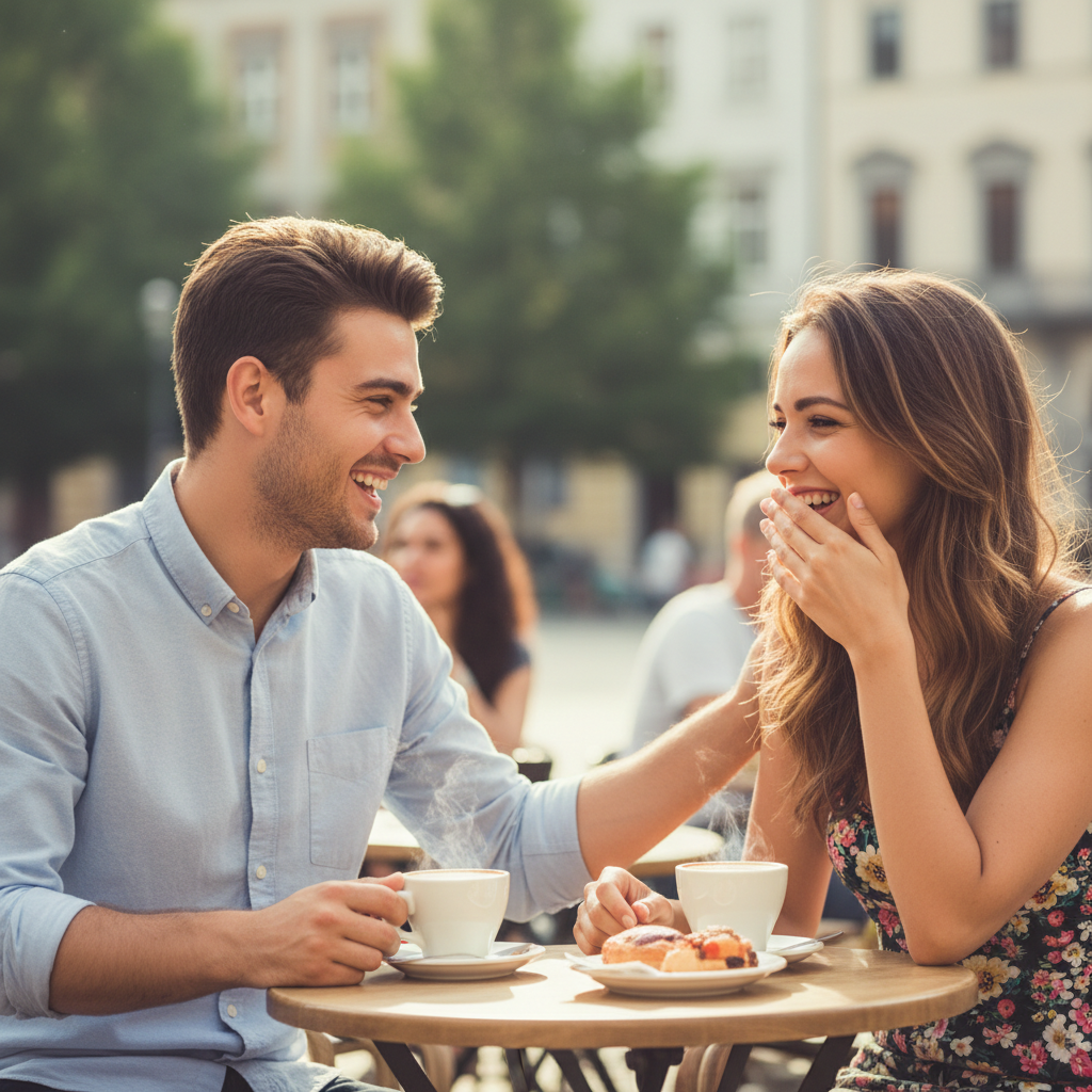 Two adults in genuine conversation over coffee